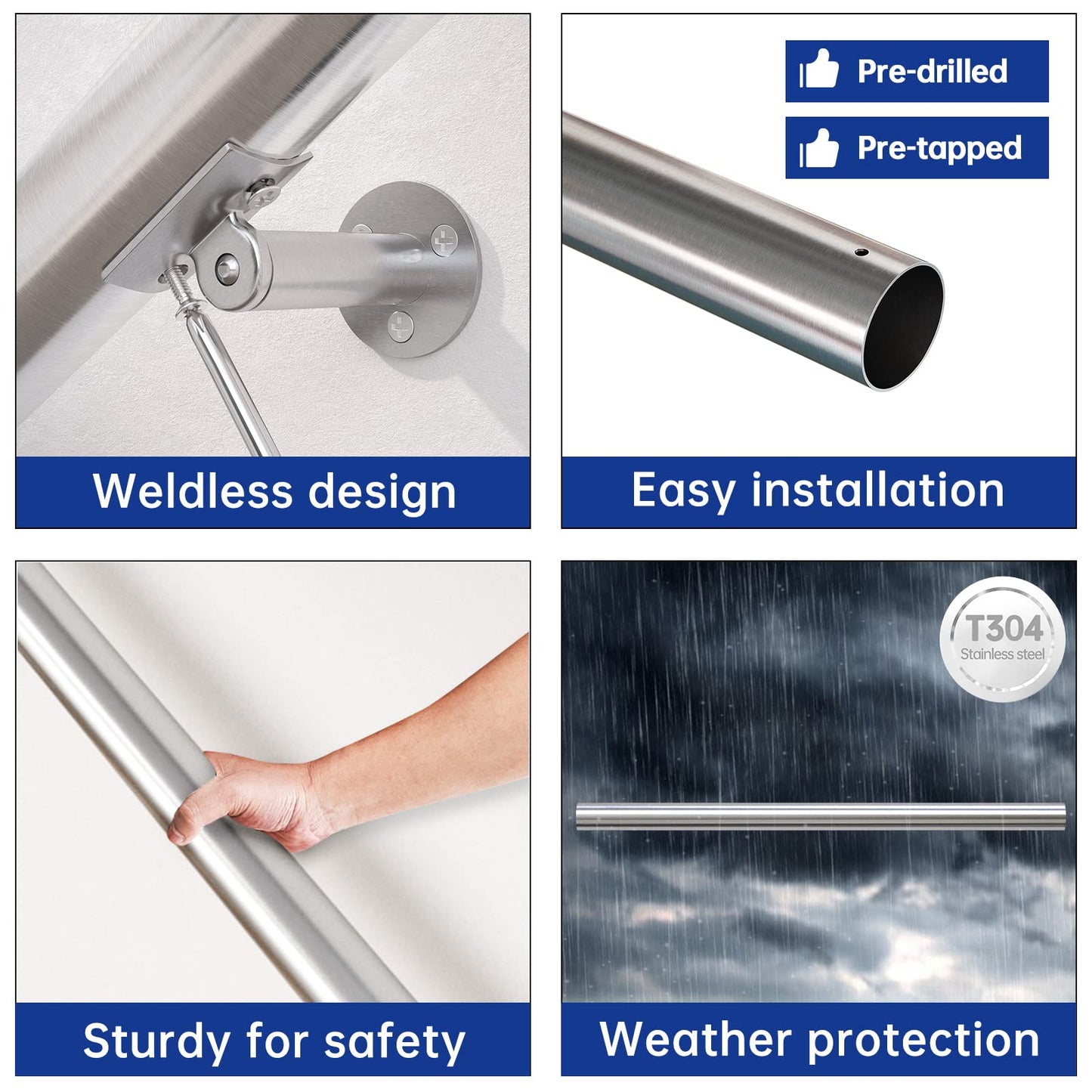 Muzata 5Ft Pre-drilled Stair Handrail 2" OD Round Brushed Wall Mounted Handrail Stainless Steel Safety Hand Rail Indoor Outdoor Stair Hand Railing Wood Concrete Brick Wall, HK27 SL4