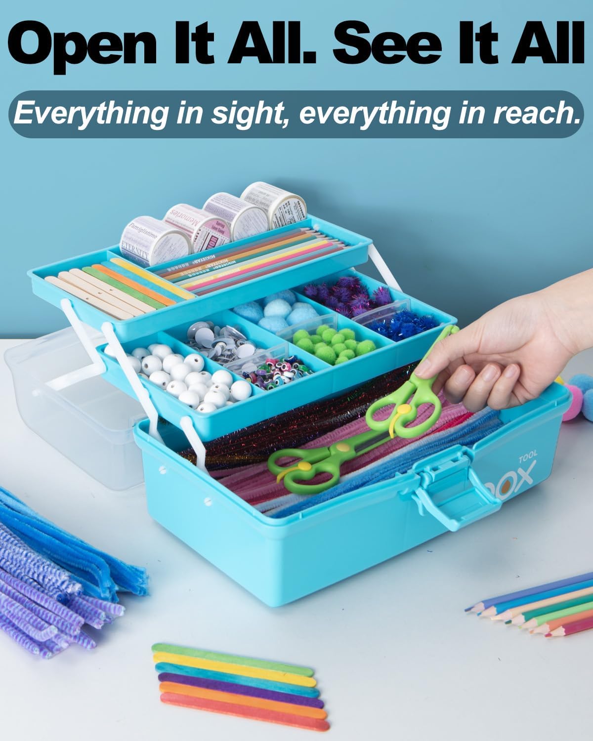 Skiennix 12-Inch 3-Layer Craft Organizer - Portable Folding Tackle Box with Adjustable Dividers | Blue