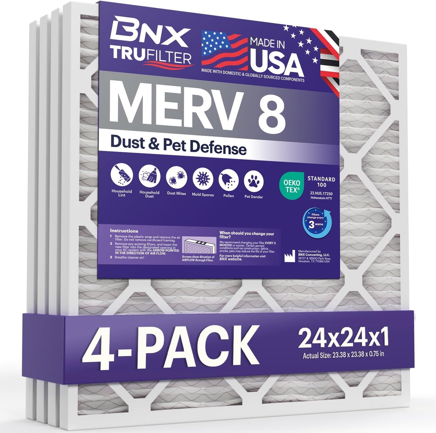 BNX TruFilter 12x12x1 MERV 8 Air Filters (6-Pack) - USA-Made Dust & Pet Defense for HVAC