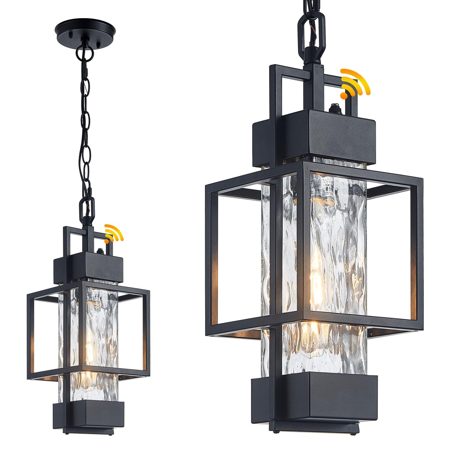 AIBISOD 17" Outdoor Chandelier Pendant Light Fixture for Porch, Modern Black Dusk to Dawn Exterior Hanging Pendant Lantern with Water Glass, Bulb Included, Perfect for Front Porch Door Entrance Foyer