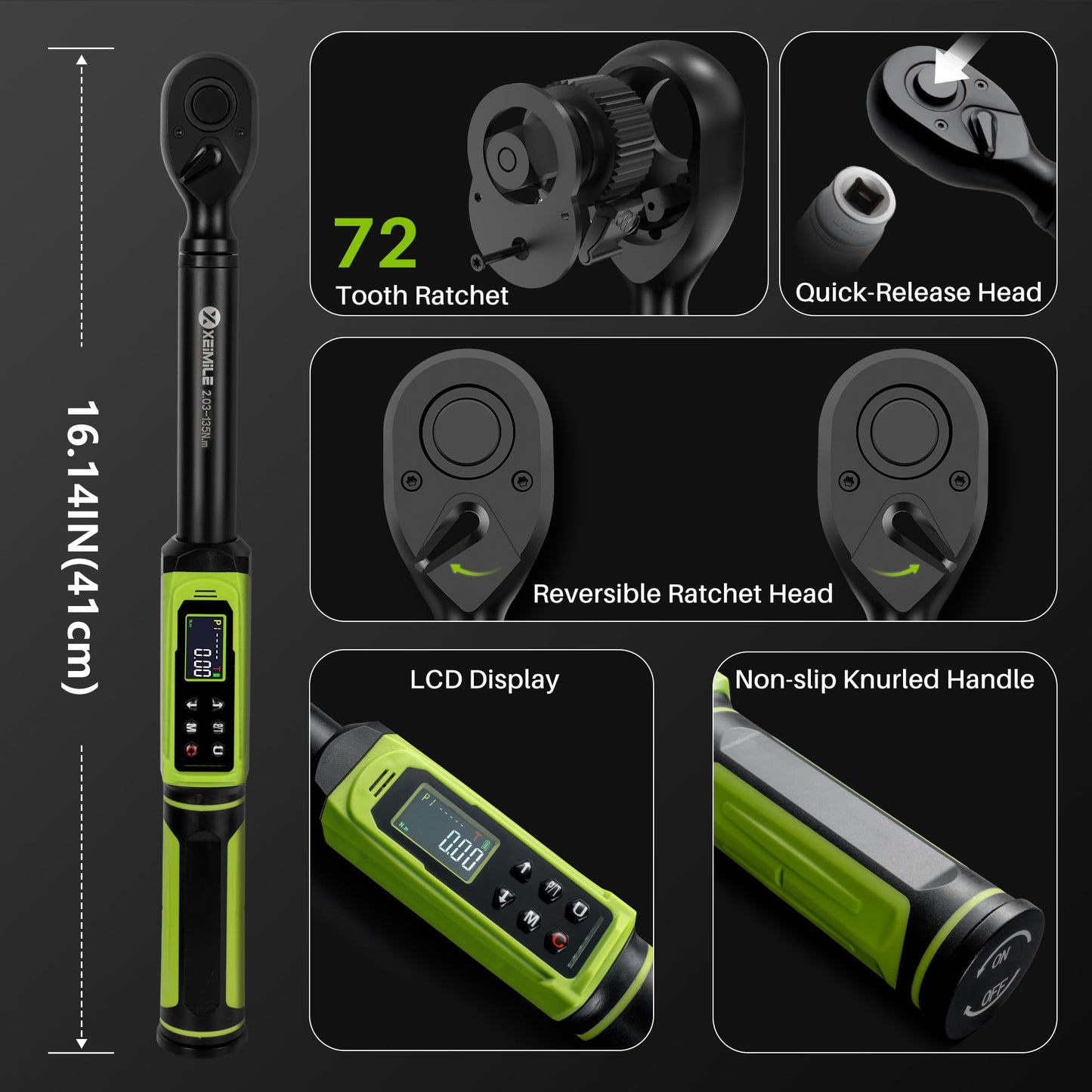 XEIMILE Digital Torque Wrench 3/8"Drive-1.5-99.6Ft.Lb/2.02-135N.m,Electric Torque Wrench With Vibration Buzzer LED Indicator,±2% Accuracy Five Units for Bike Motorcycle Car Auto Repair,DIY,Green Black
