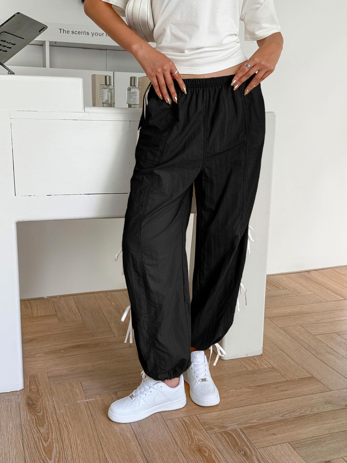 Fisoew Womens Wide Leg Track Pants Casual Elastic Waist Bow Tie Y2K Baggy Sweatpants with Pockets Black