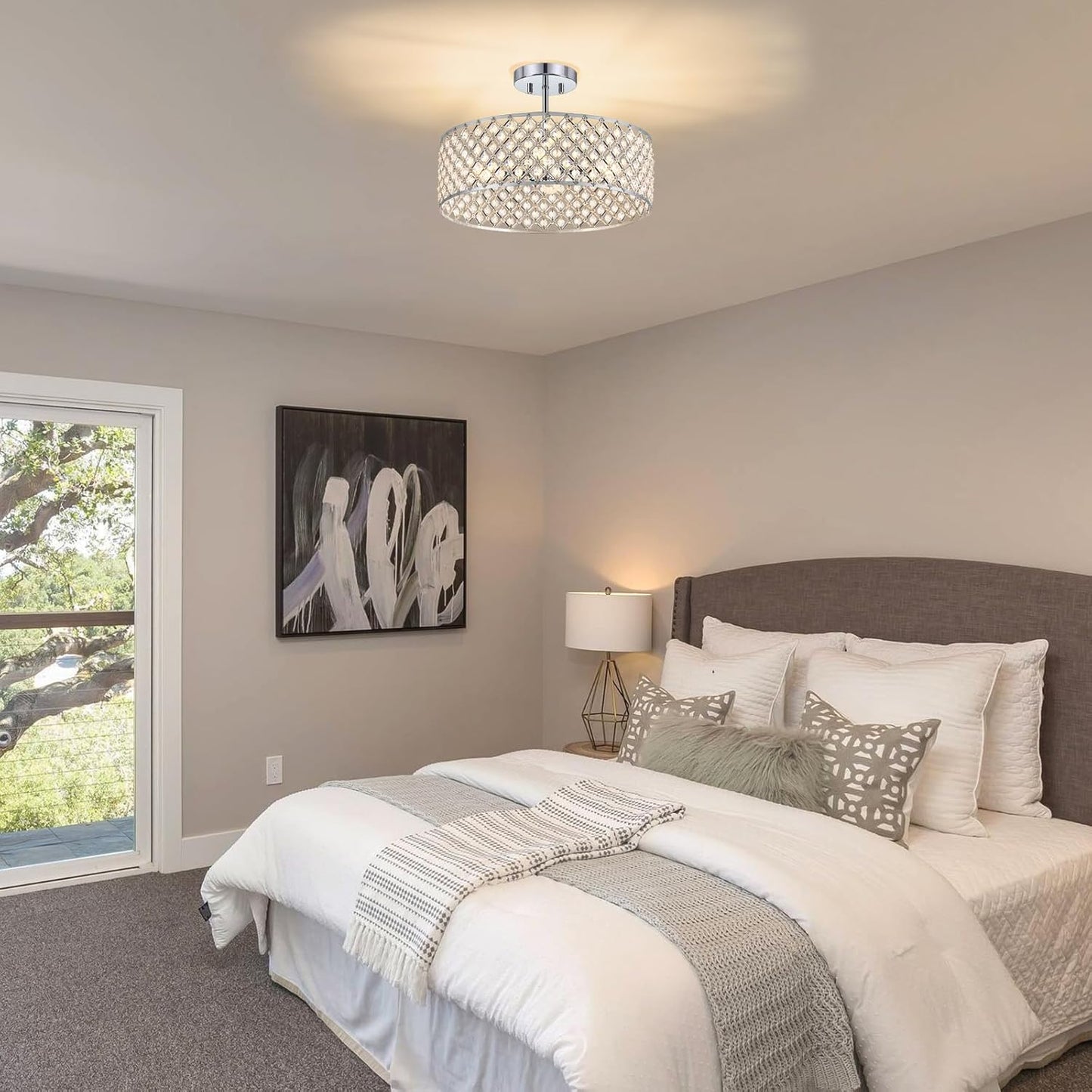 Modern Black Crystal Semi Flush Mount Ceiling Light Fixture - 11.2" Round Chandelier for Dining Room, Hallway, Kitchen & Bedroom