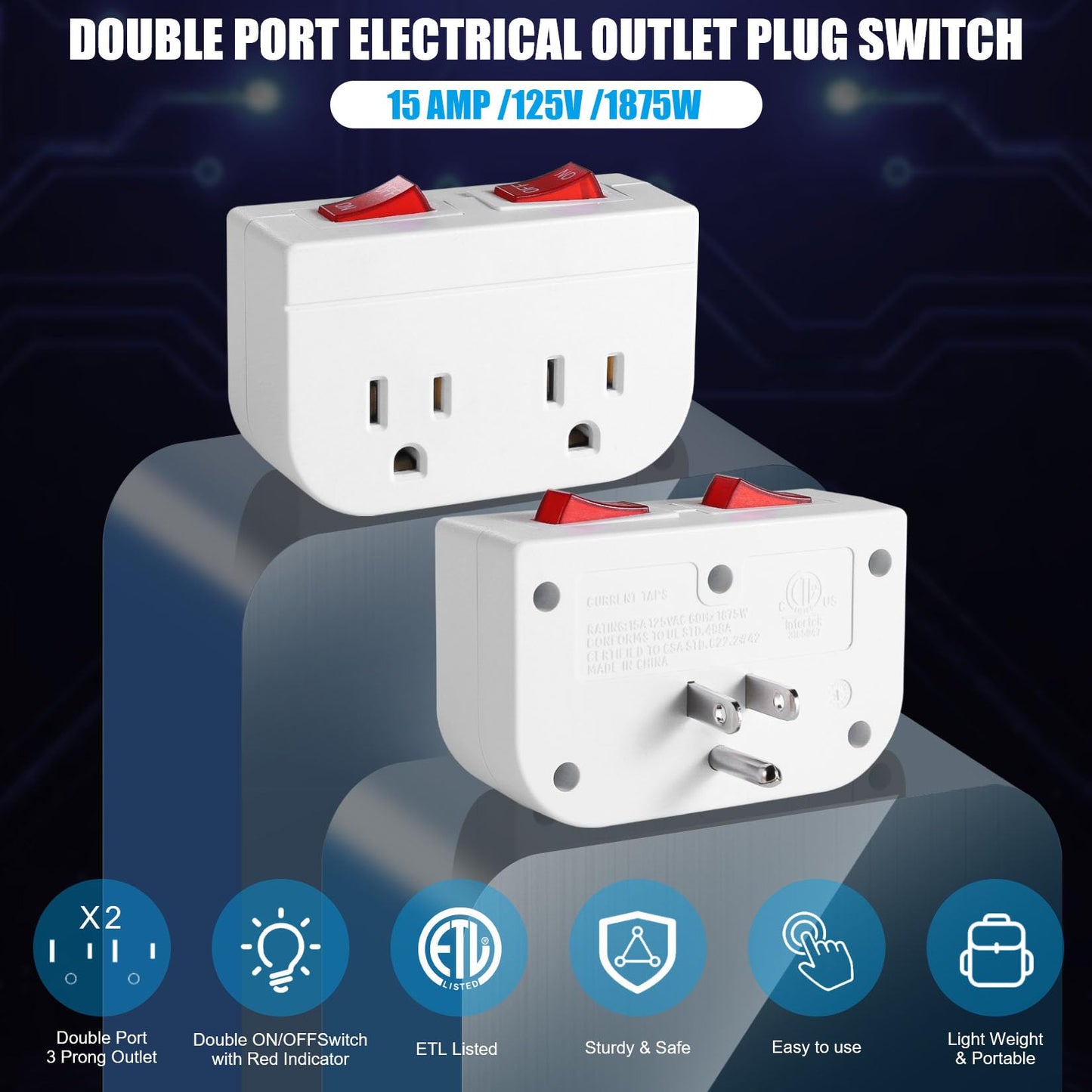 Grounded Outlet with Double ON Off Switch,VSEER 2 Port Electrical Outlet Plug Switch 15A 1875W / Wall Tap Adapter with Daul Red Indicator, ETL Listed (White 2-Pack)