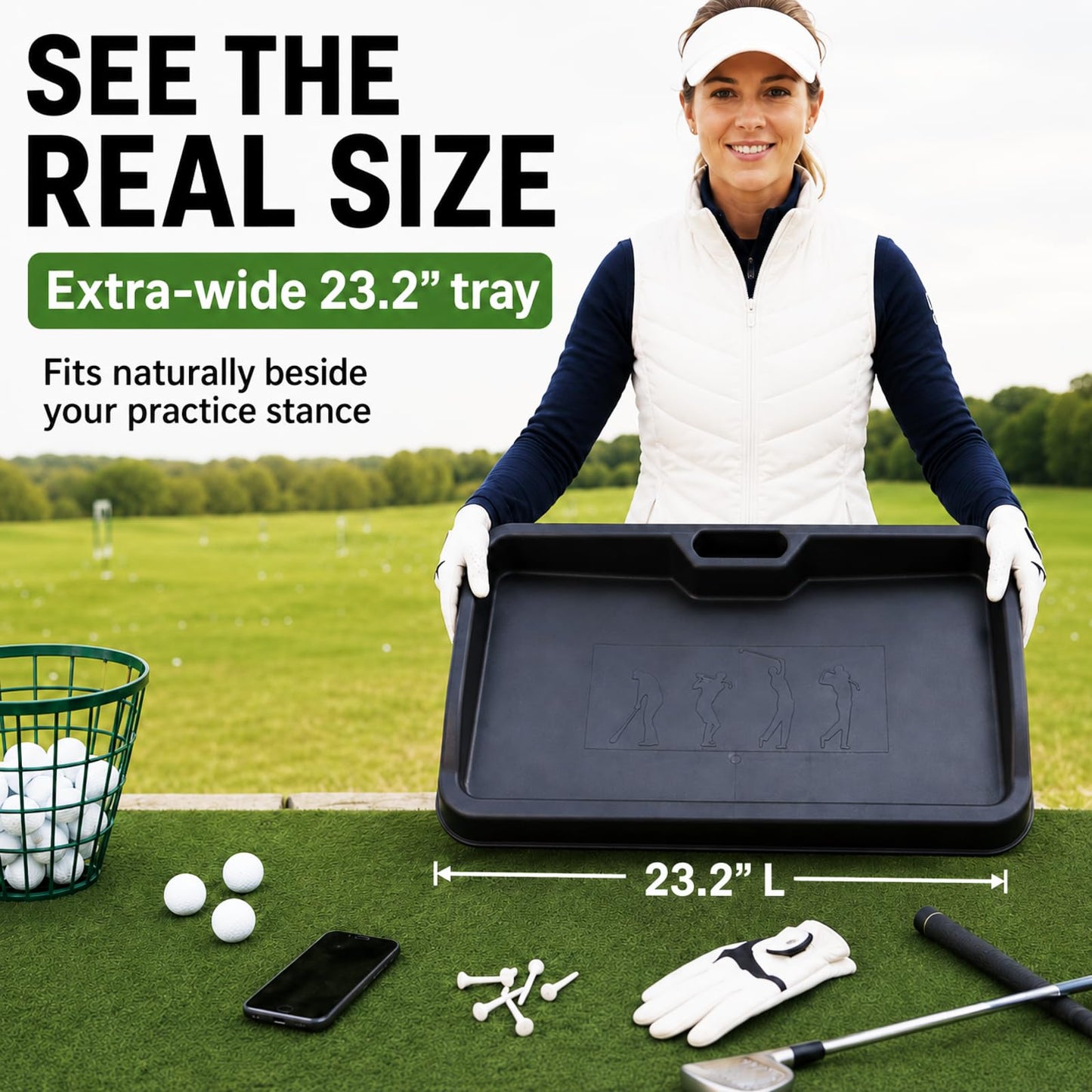 Japard Golf Ball Tray with Built-in Phone Holder Large Capacity 100 Golf Ball Organizer, 23.2" Wide Simulator, Indoor Outdoor Training, Swing Recording Black