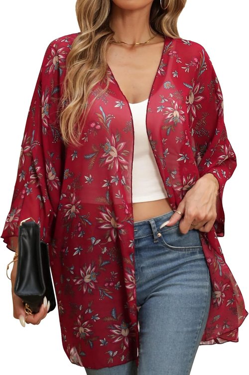 Argstar Women's Kimono Cardigan - Lightweight Chiffon Floral Print Cover-Up | 3/4 Sleeve Summer Beachwear