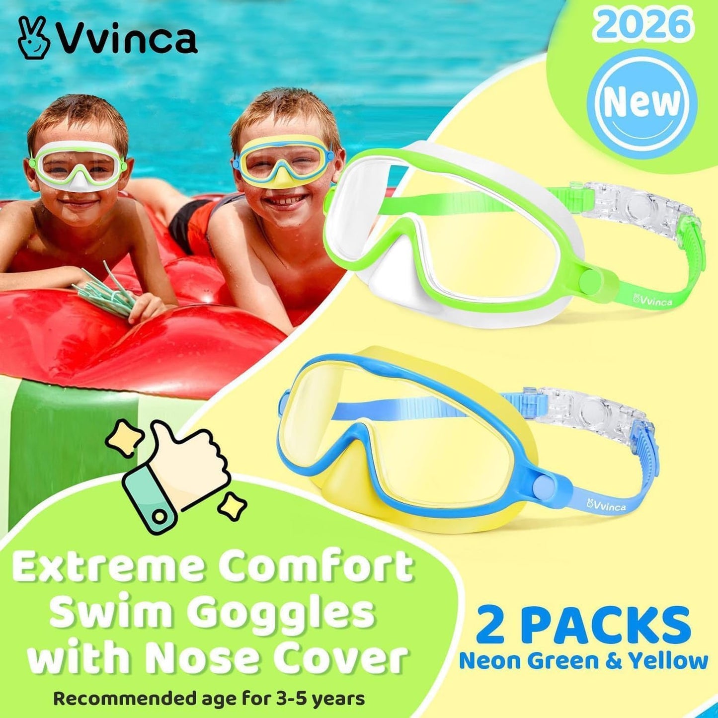 Vvinca Kids Swim Goggles - Anti-Fog Diving Mask with Nose Cover | Wide View, UV Protection for Ages 3-5