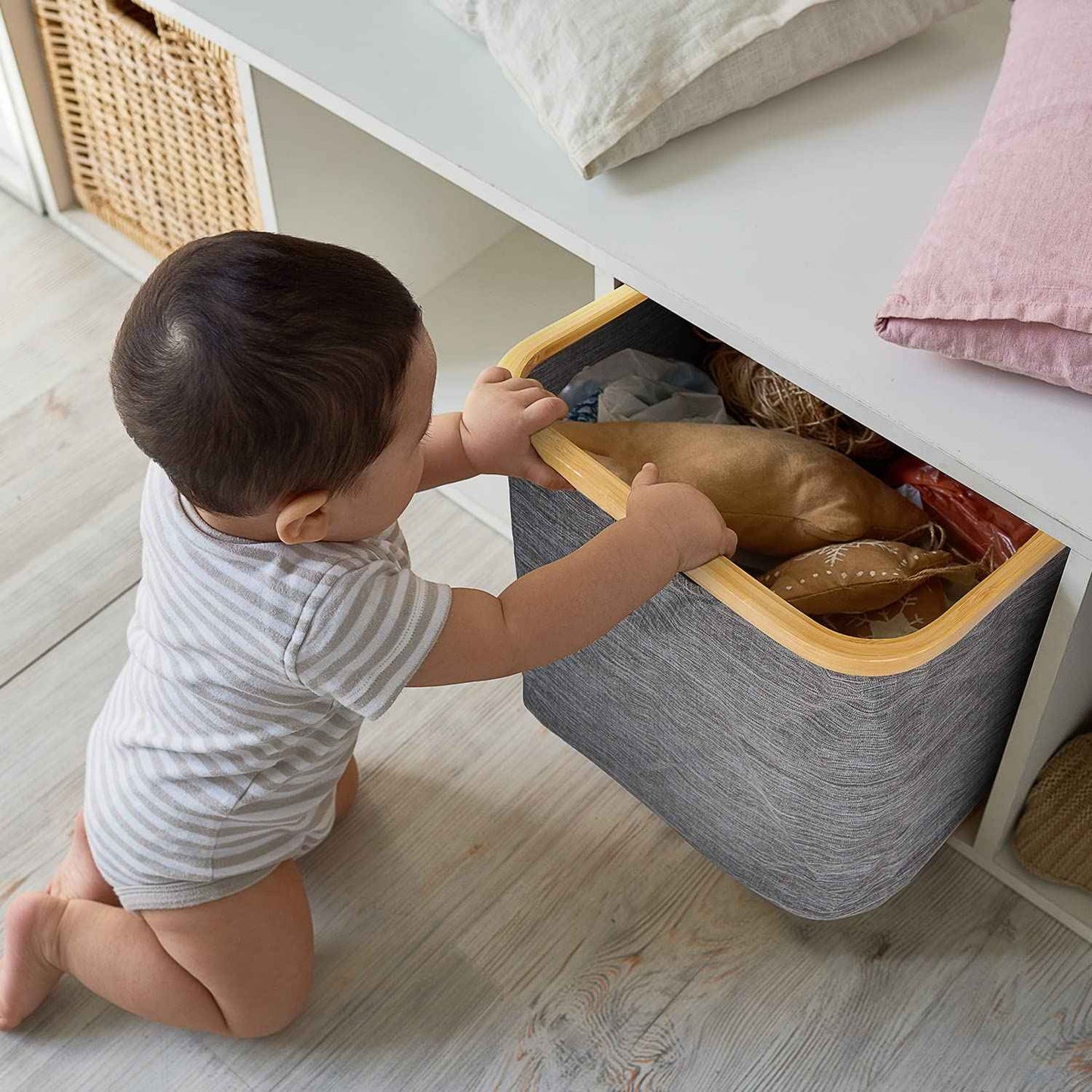 Naturoom 44L Bamboo Storage Basket | Laundry Hamper, Folding Bamboo Frame Fabric Shelf Basket With Handles, Large Cube Organizer For Bathroom, Bedroom Dirty Clothes/Towels/Blankets/Toys Storage Bin