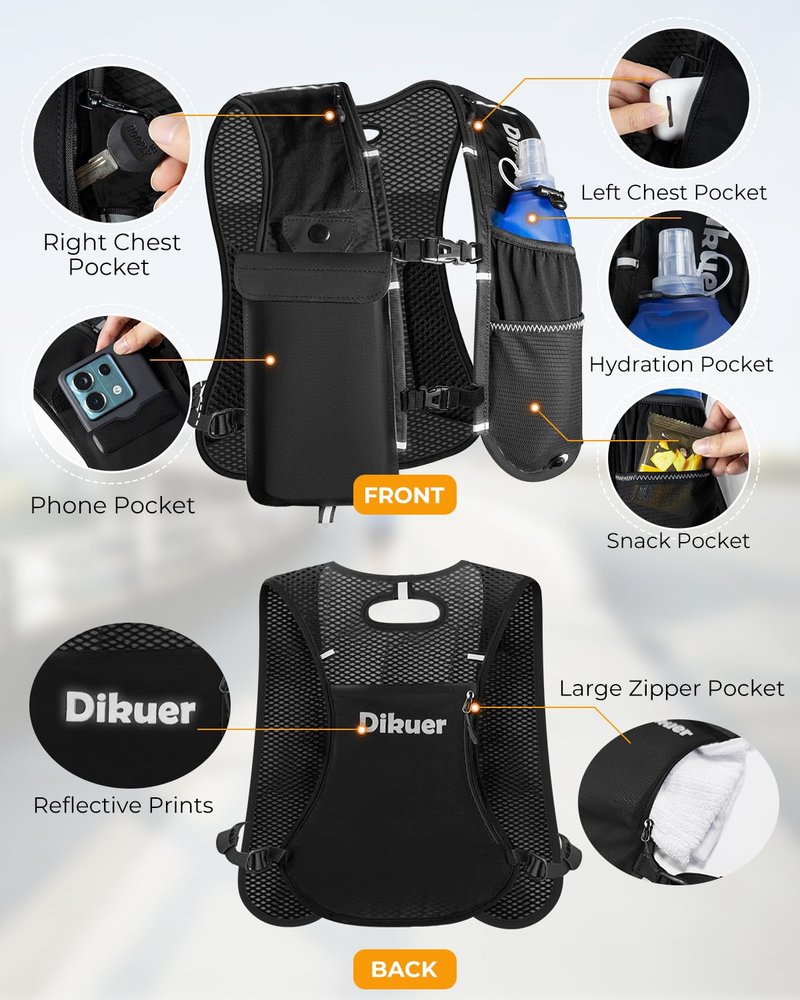 Running Vest for Women Men with Water Bottle, Lightweight Hydration Vest with Touch Screen Phone Pocket, 500ml Soft Flask, Adjustable Chest Straps, Reflective for Marathon Jogging