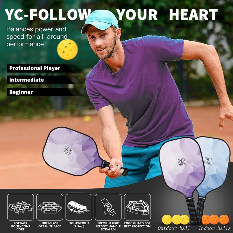 YC DGYCASI Pickleball Paddles Set of 4, USAPA Approved Pickleball Set, Fiberglass Pickle Ball Rackets, 3 Outdoor Pickleball, 3 Indoor Balls, 4 Pickleball Overgrip, 1 Bag for Women and Men