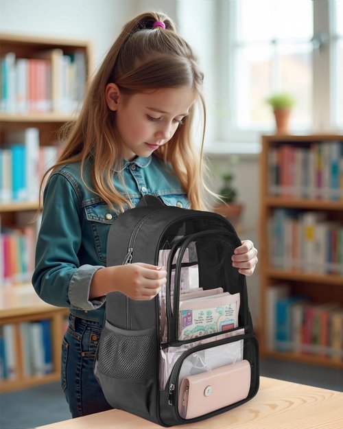 KIMNERPU Clear Backpack, Fabric & PVC Transparent Backpack with Reinforced Strap for Women Men, Heavy Duty Transparent Bookbag, Large Capacity Clear Bag, Travel, Security, Black