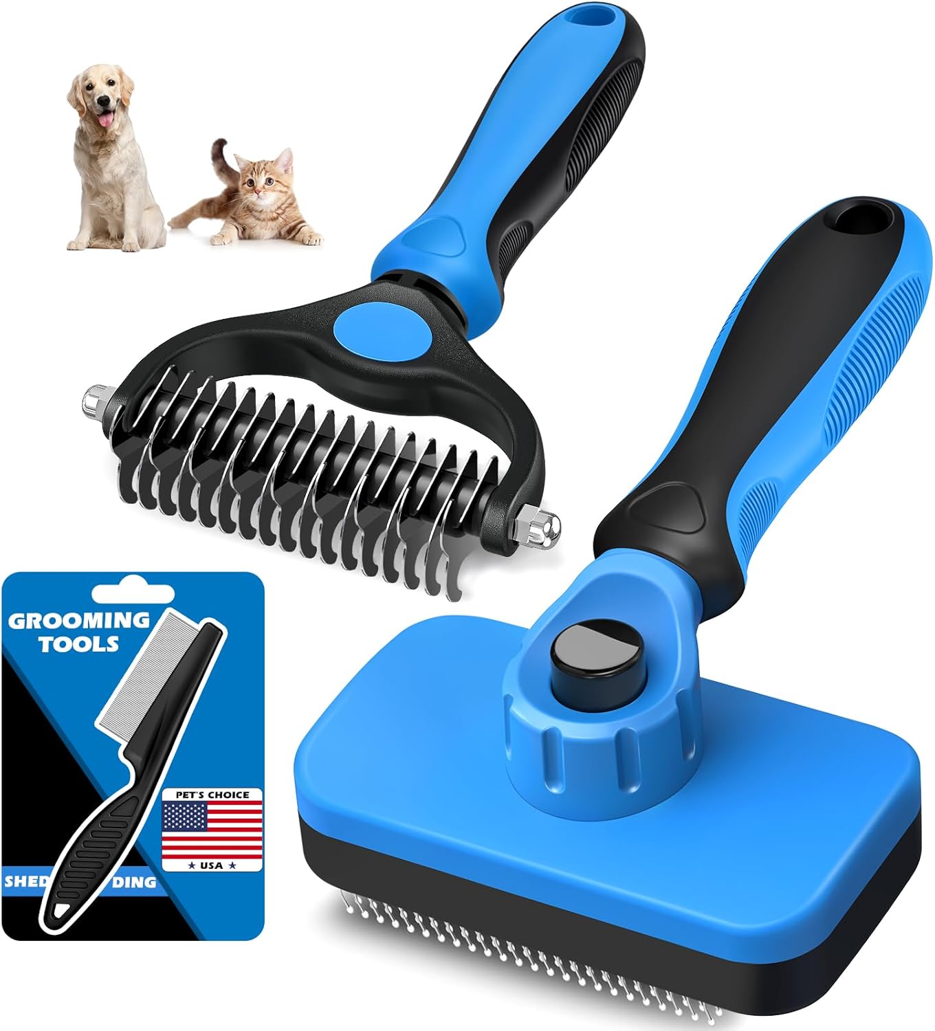Skiennix Self-Cleaning Slicker Brush Set - Pet Grooming Rake & Flea Comb for Dogs, Cats, Horses | Double-Sided Dematting Tool (Blue)