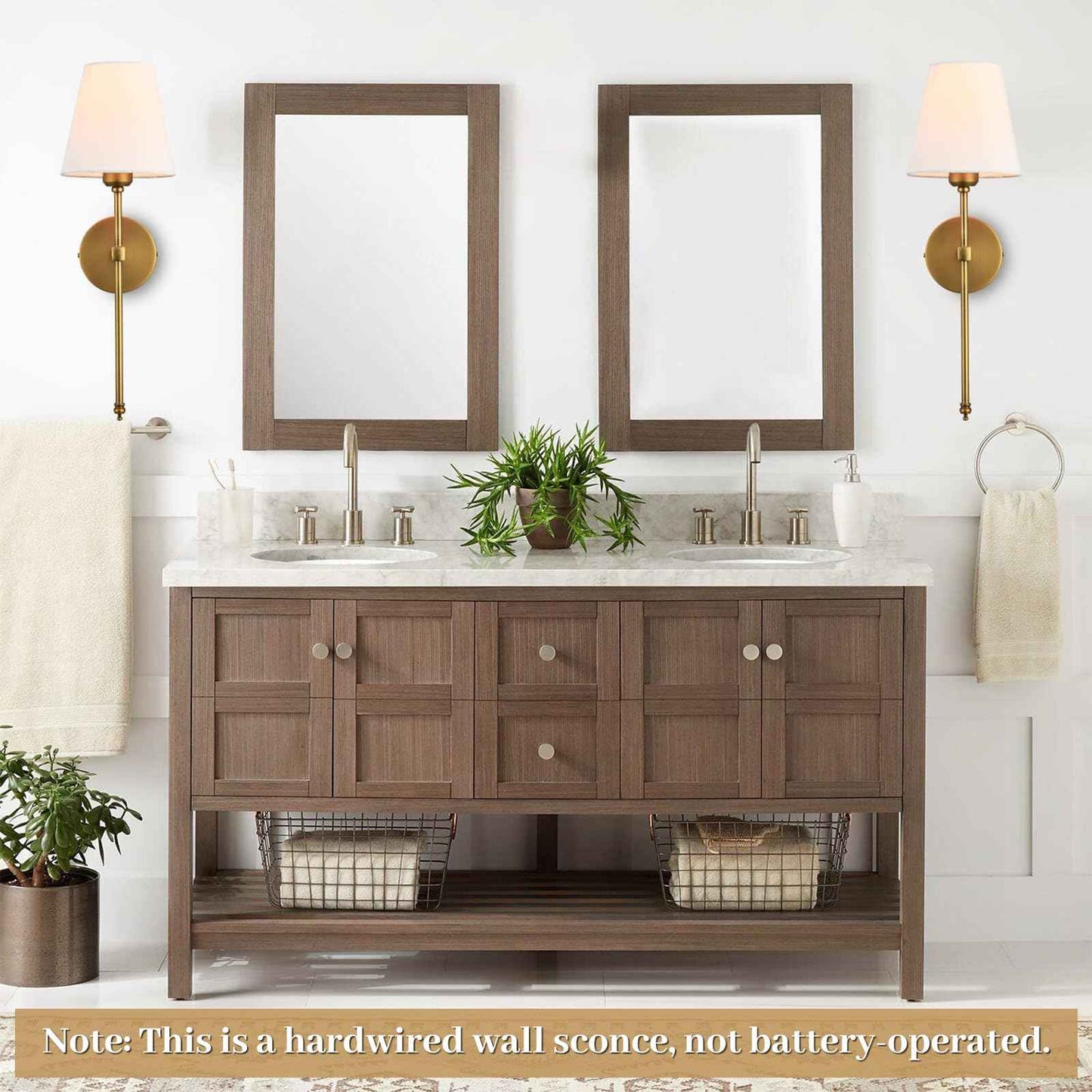 Bsmathom Wall Sconces Sets of 2, Hardwired Classic Brushed Brass Sconces Wall Lighting, Bathroom Vanity Light Fixture with Fabric Shade for Bedroom Living Room Hallway Kitchen, Gold