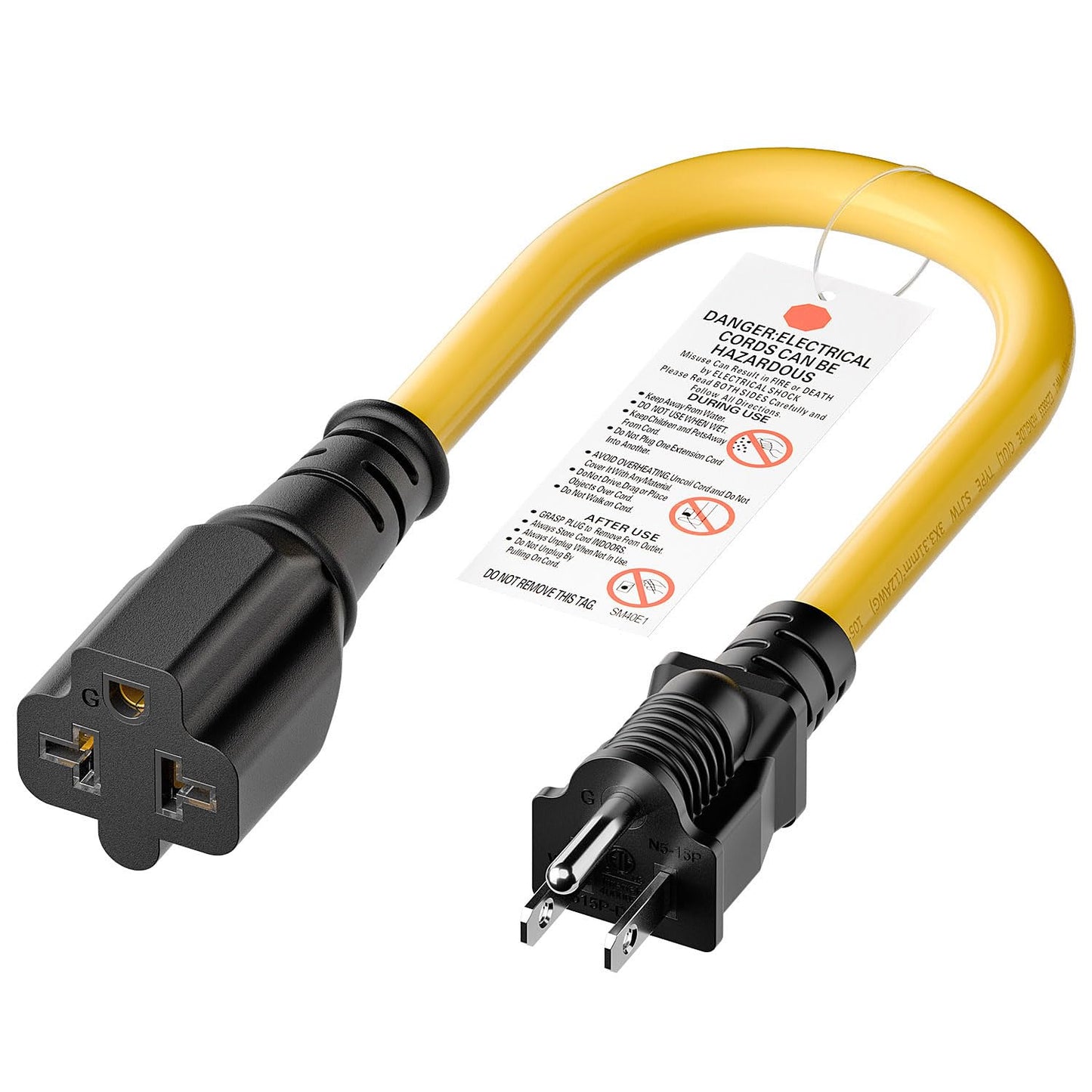 1-Foot Nema 5-15P to 4-in-1 Female Adapter Cable, 6-20R 12AWG Heavy Duty EV Charging Power Adapter,15A Household Plug to 6-20R T Blade Adapter Cord Yellow Cord