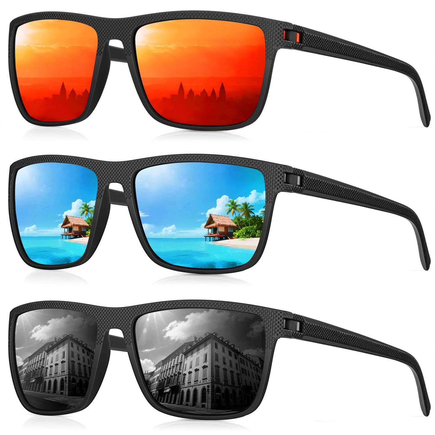 CIFOYA Polarized Sunglasses for Men Women, Square Sun Glasses for Driving Fishing Golf Lightweight Fashion Square Sun Glasses 100% UV400 Protection 3 Packs (Black/Ice Blue/Orange)