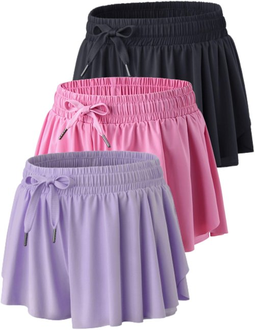 3 Pack Women’s Flowy Athletic Shorts – 2-in-1 Butterfly Running Shorts with Built-in Spandex Liner, Casual Workout Gym (Set 13, Medium)