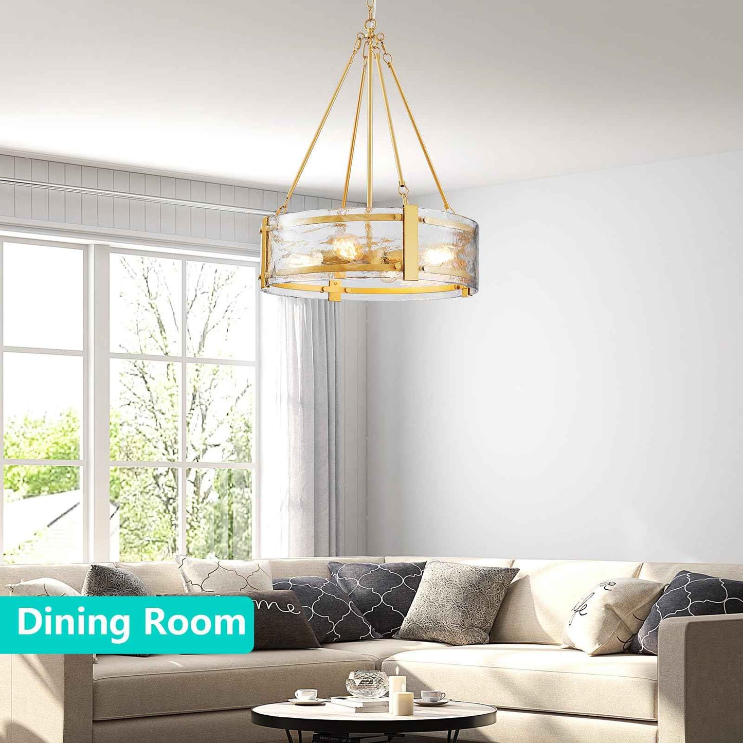 GlowEasely Modern Ripple Galss Chandelier, 4-Light Water Glass Pendant Light | Ribbed Glass, D20 * H29.5~78.2inch Height Adjustable, Fit for Dining Room, Living Room, Bedroom, Hallway, Kitchen, Foyer