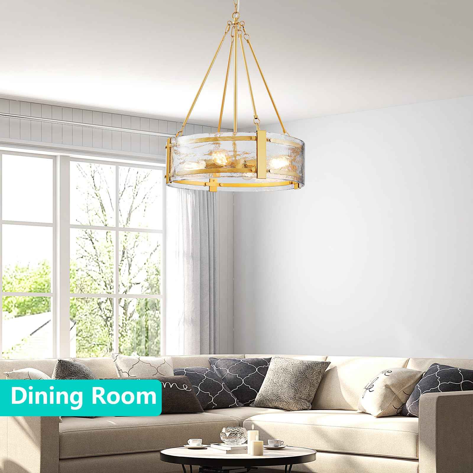 GlowEasely Modern Ripple Galss Chandelier, 4-Light Water Glass Pendant Light | Ribbed Glass, D20 * H29.5~78.2inch Height Adjustable, Fit for Dining Room, Living Room, Bedroom, Hallway, Kitchen, Foyer