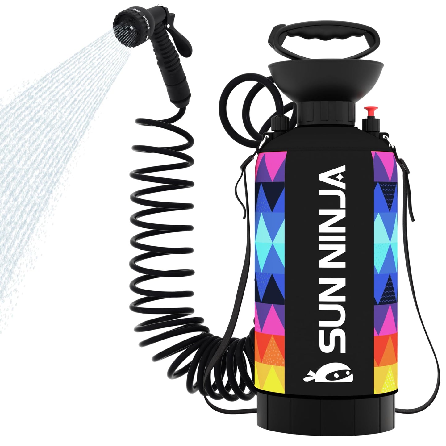 SUN NINJA Portable Shower, 2.1Gal Camping Shower with 7 Mode Shower Head, Neoprene Cover Helps Keep Water Warm, High Pressure Hose, Easy to Carry, Multi-Color