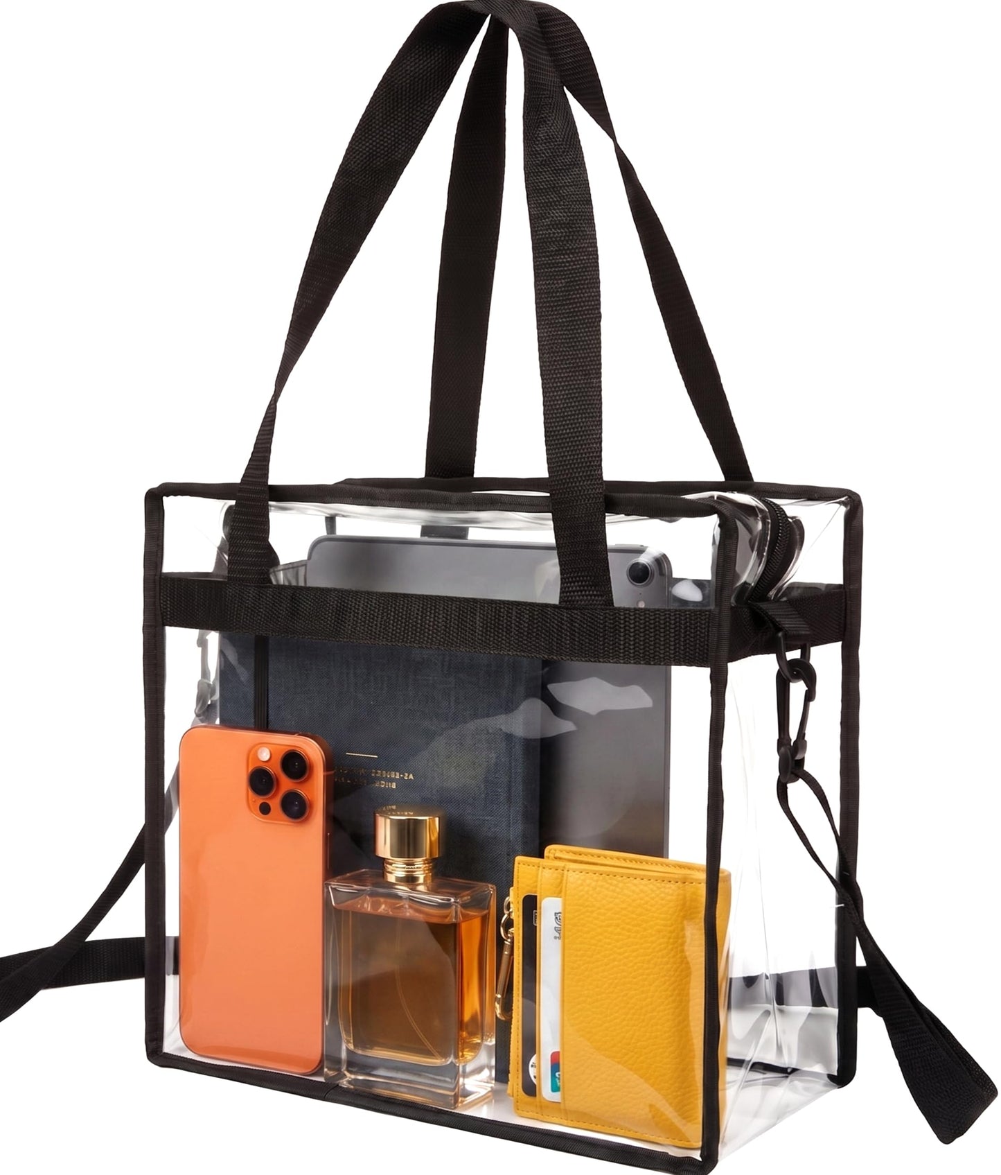 Handy Laundry Clear Tote Bag Stadium Approved - Shoulder Straps and Zippered Top. Perfect Clear Bag for Work, Sports Games and Concerts. Meets Stadium Tournament Guidelines. (Black)
