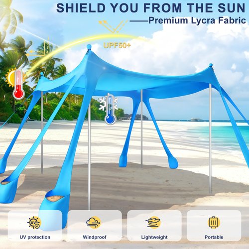 Beach Tent Sun Shelter UPF 50+,10x10 FT Beach Canopy Tent Sun Shade,Pop Up Beach Canopy with 8 Sandbags, Outdoor Beach Shade for Camping Trips, Fishing, Backyard Fun Picnics (Sky Blue)