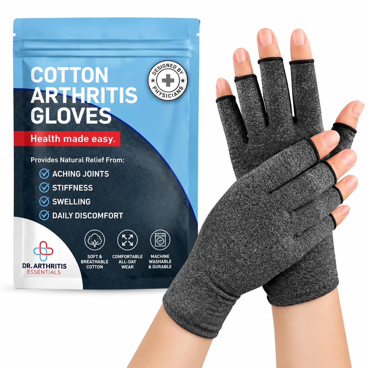 Dr. Arthritis Essentials Open-Fingertip Arthritis Gloves, Compression Gloves Ideal as Raynauds Gloves, Hand Brace for Arthritis (Grey, Medium)