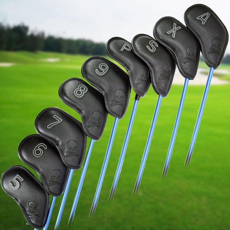 GOLUCKPAY Premium Magnetic Leather Iron and Wedge Golf Club Head Covers | Set of 9| Fits Most Clubs | Embroidered Club Label on Both Sides of Club Head Cover