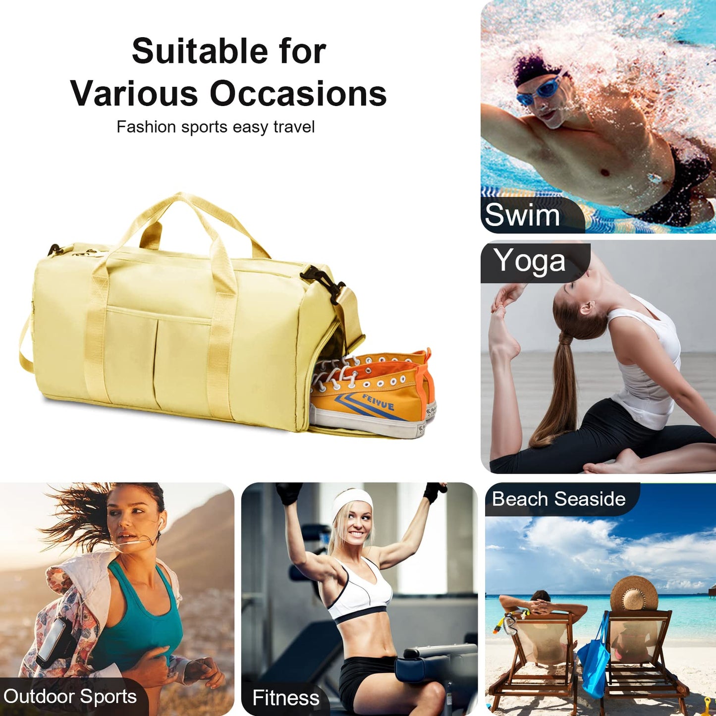 ZGWJ Sports Gym Bag with Wet Pocket & Shoes Compartment, Waterproof Shoulder Weekender Bag for Women and Men Swim Sports Travel Gym Bag Lightweight and easy Carry on Grey