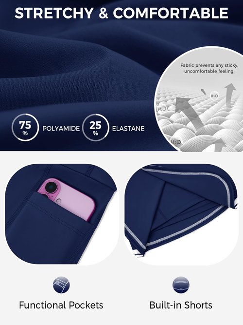 Fisoew Womens Golf Tennis Running Skorts Striped Elastic Waist Skirts Quick Dry Workout Athletic Shorts with Pockets Navy