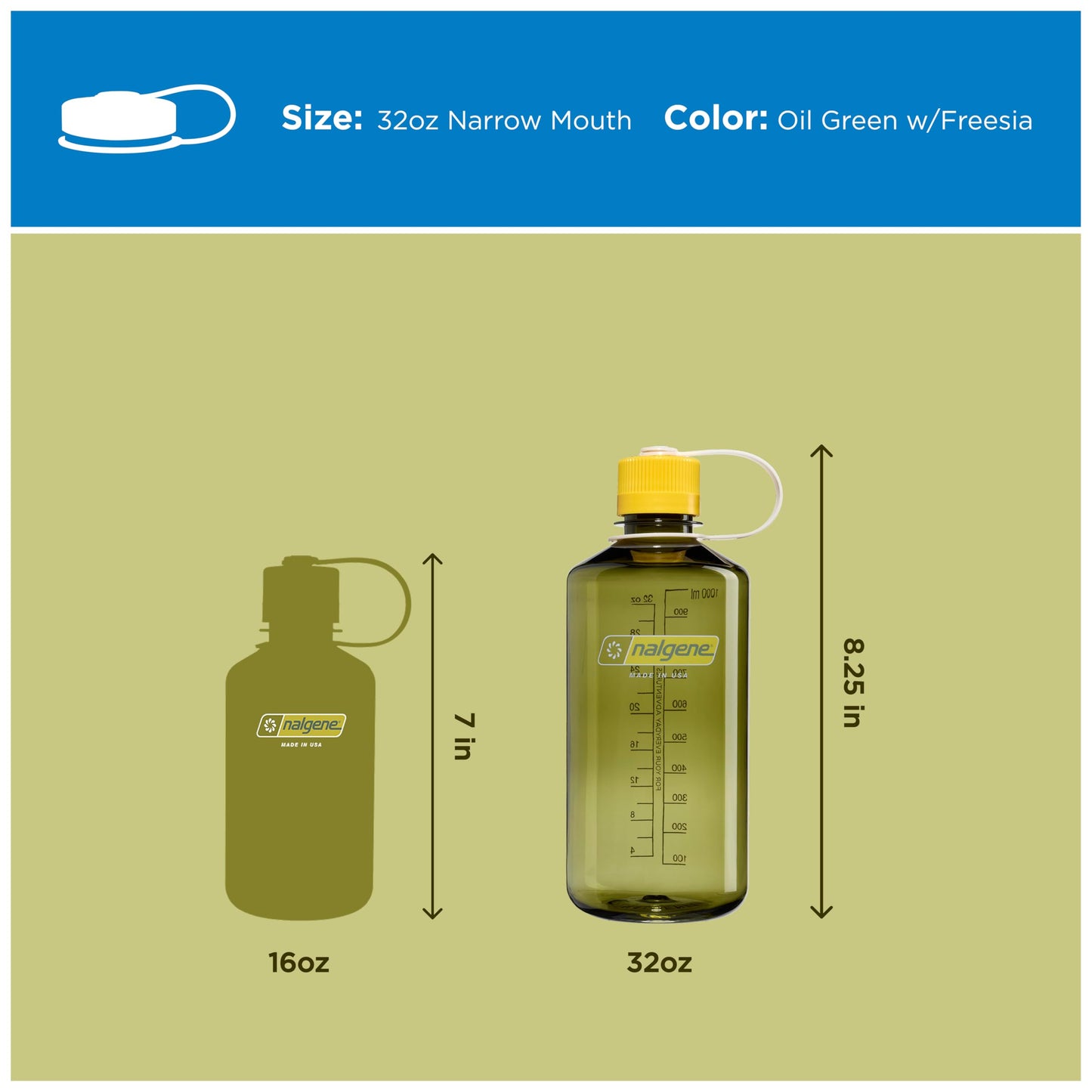 Nalgene 32 oz Narrow Mouth Water Bottle | BPA-Free, Durable & Leak Proof, Lghtweght for Hkng & Gym – Thrll & Moton, Ol Green w/Freesa