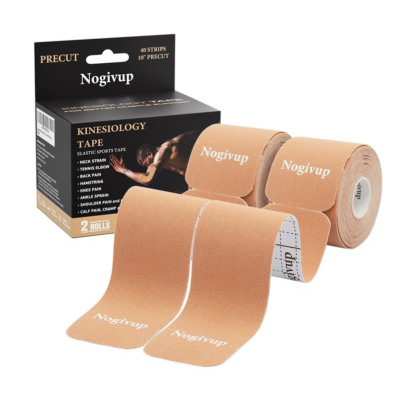 Nogivup Kinesiology Tape – 2 Rolls Latex-Free Cotton Precut Strips, Elastic Waterproof Athletic Sports Tape for Muscle & Joint Pain Relief & Support (Beige, 2" Wide)