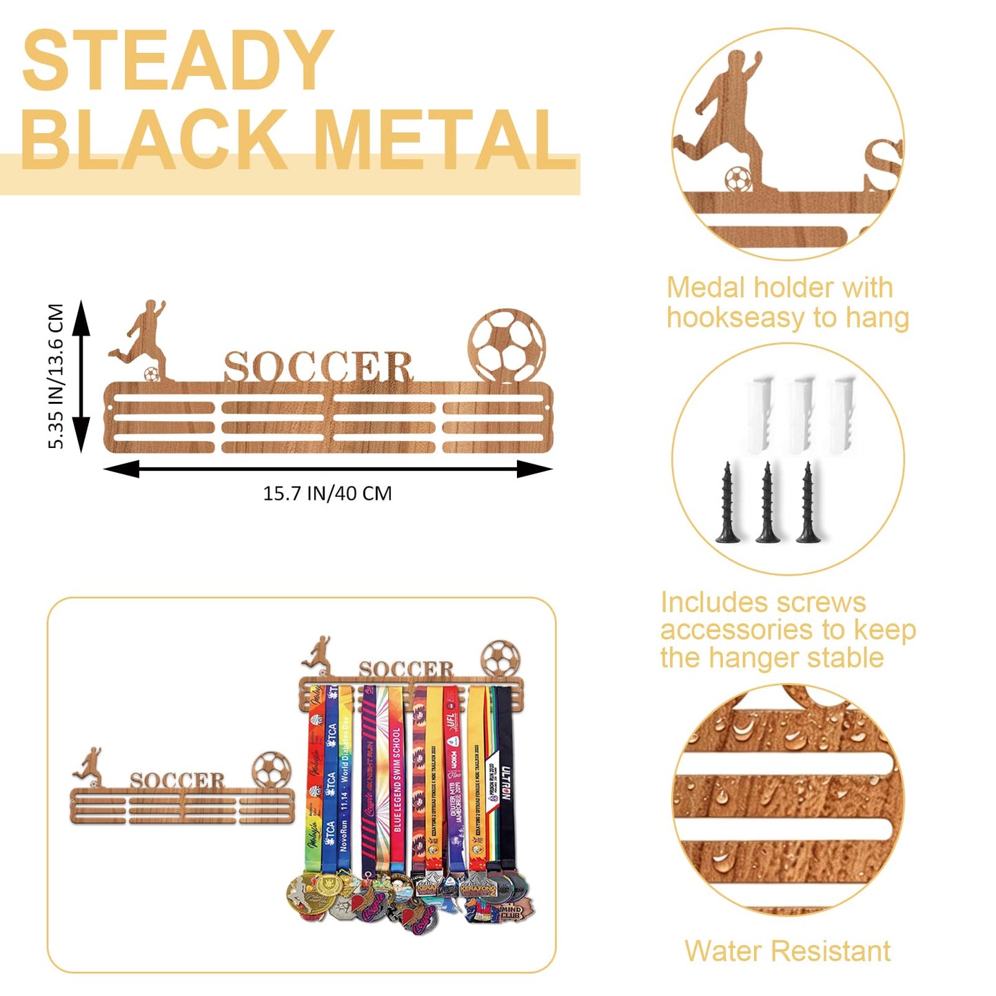 Resama World Cup Soccer Medal Hanger Holder Display Rack for Awards Ribbons Personalized Medal Sports Themed Race Ribbon Holder for Wall Metal Display for Men Boy Girl Kid Wooden