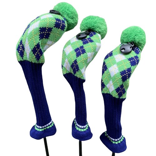 CHILXE 3pcs Knit Golf Headcovers, Driver & 2 Fairway Woods, Green & Blue, Pom Pom, Polyester
