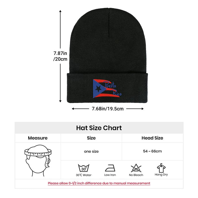 Yuawoi Puerto Rico Flag Embroidered Winter Beanie, Casual Stretch Knit Skull Cap Black