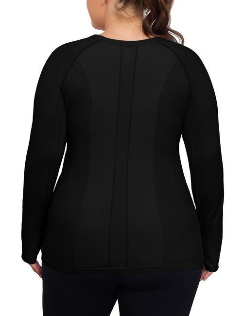COOTRY Plus Size Seamless Workout Shirts for Women Long Sleeve Yoga Tops Sports Running Athletic Top Slim Fit Black 2XL