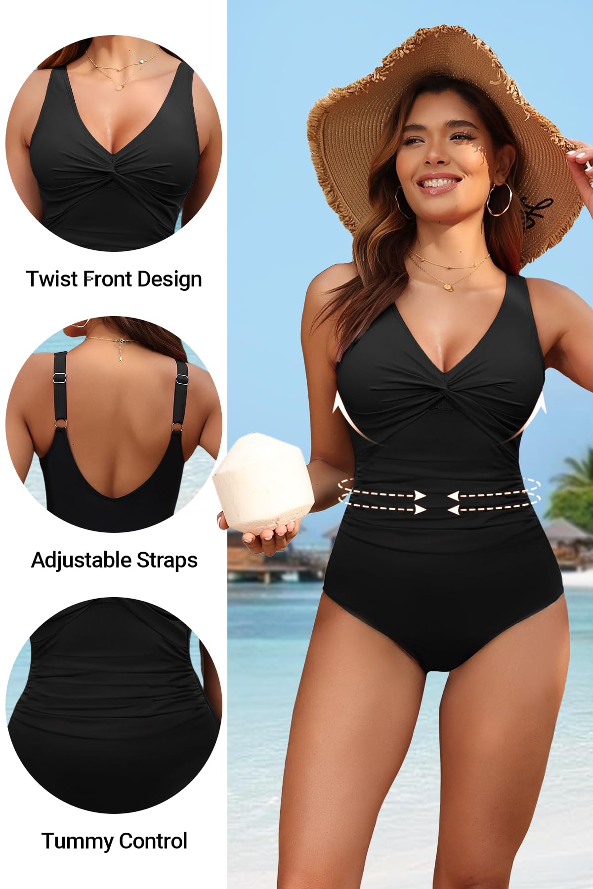 Holipick Black Women Tummy Control One Piece Swimsuit - Push Up Bathing Suit Full Coverage Slimming Swimwear M