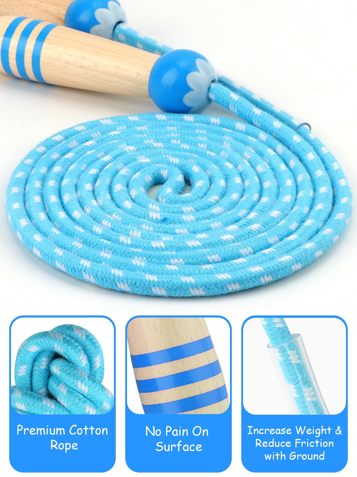 Lorvain Jump Rope Kids, 8.5FT Adjustable Cotton Braided Skipping Rope with Wooden Handle for Girls and Boys Fitness Workout Exercise Outdoor Activity, Blue Jump Rope