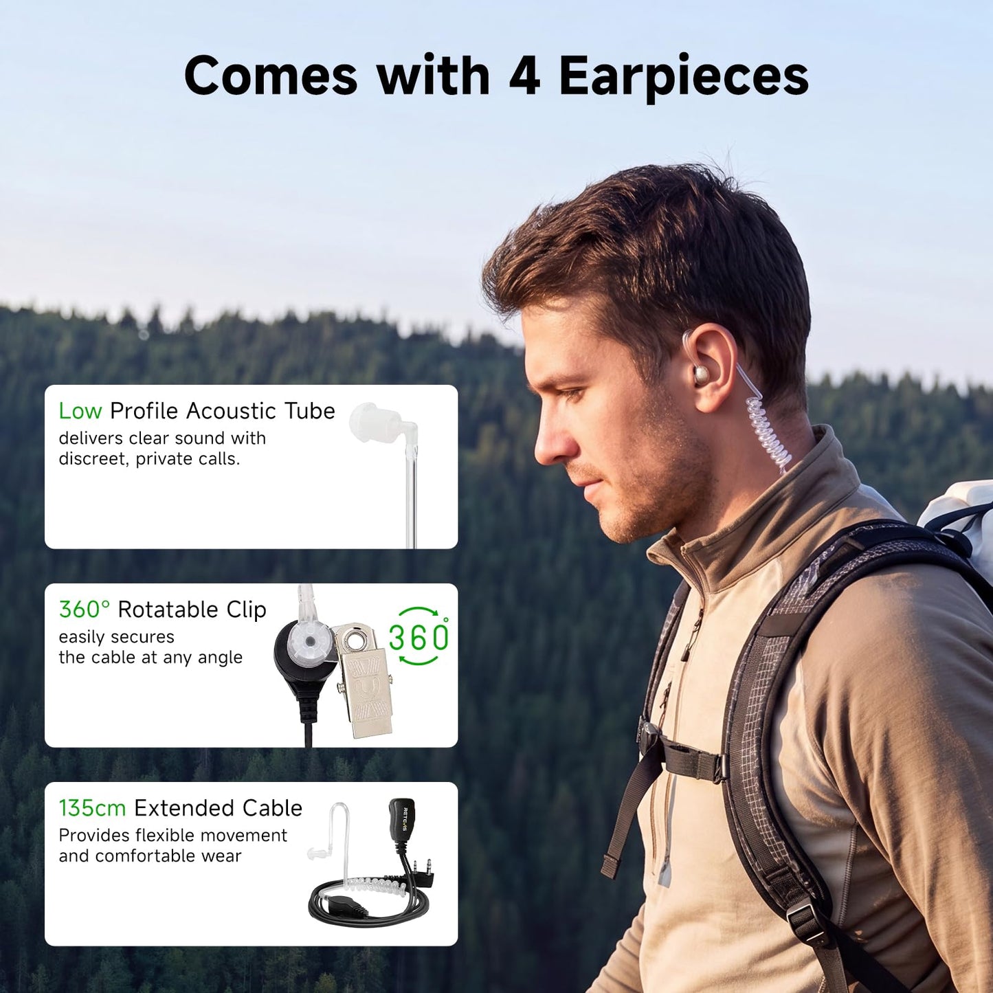 Retevis RT19 Walkie Talkie with Earpiece and Mic, 2 Way Radios Long Range, 1300mAh, VOX Handsfree, Mini, Small, Compact Two Way Radio for Adults Family Outdoor Camping Hiking Agriculture(4 Pack)