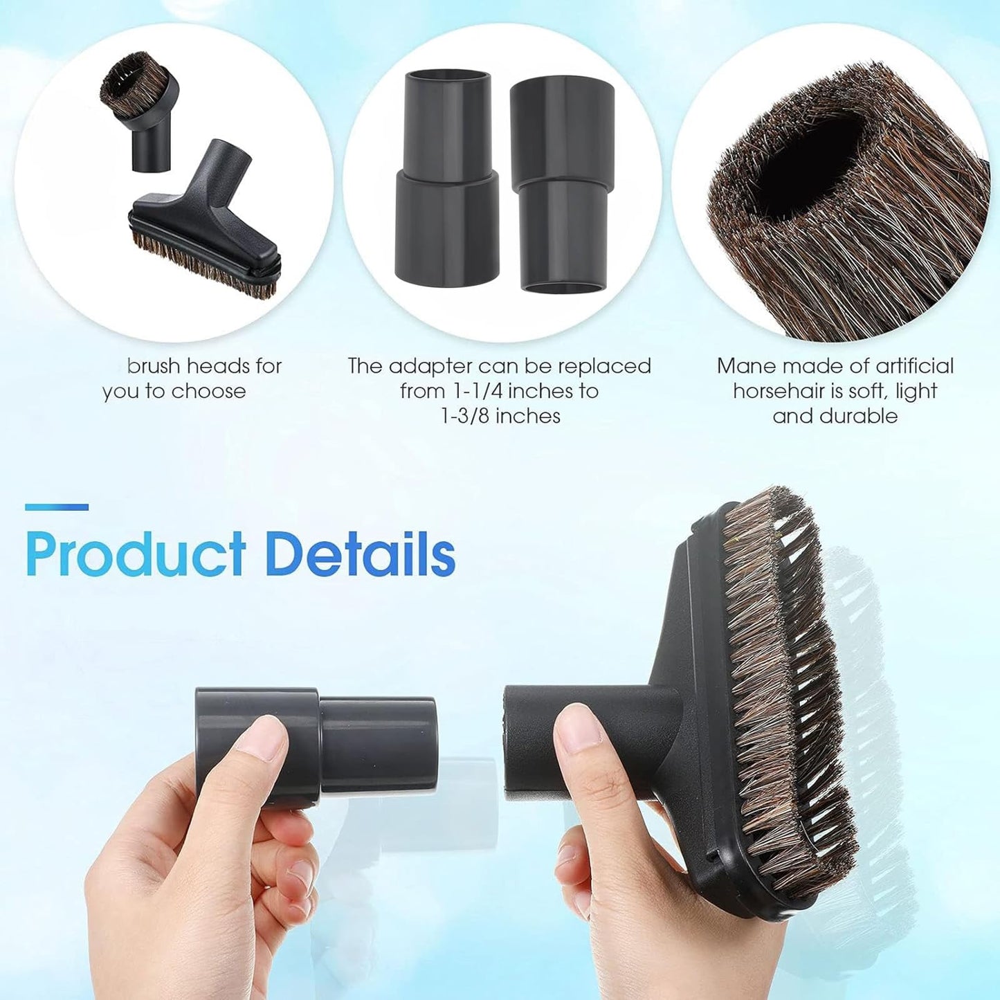 Vacuum Brushes 6PC, 1.26inch Horse Hair Vacuum Attachment, 5.9inch Vacuum Floor Brushes Vacuum Cleaner with 1-1/4 Inch to 1-3/8 inch Adapter, Vacuum Head Brushes Replacement for Household Cleaning