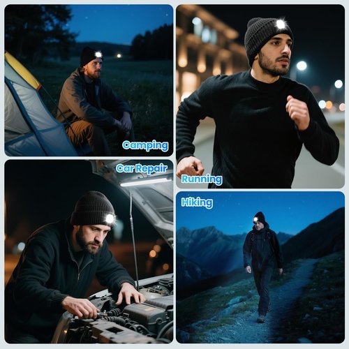 LED Beanie with Light, Unisex Rechargeable Flashlight Beanie Hat with Wireless Headphones, Unique Christmas Birthday Gifts for Men Women Black