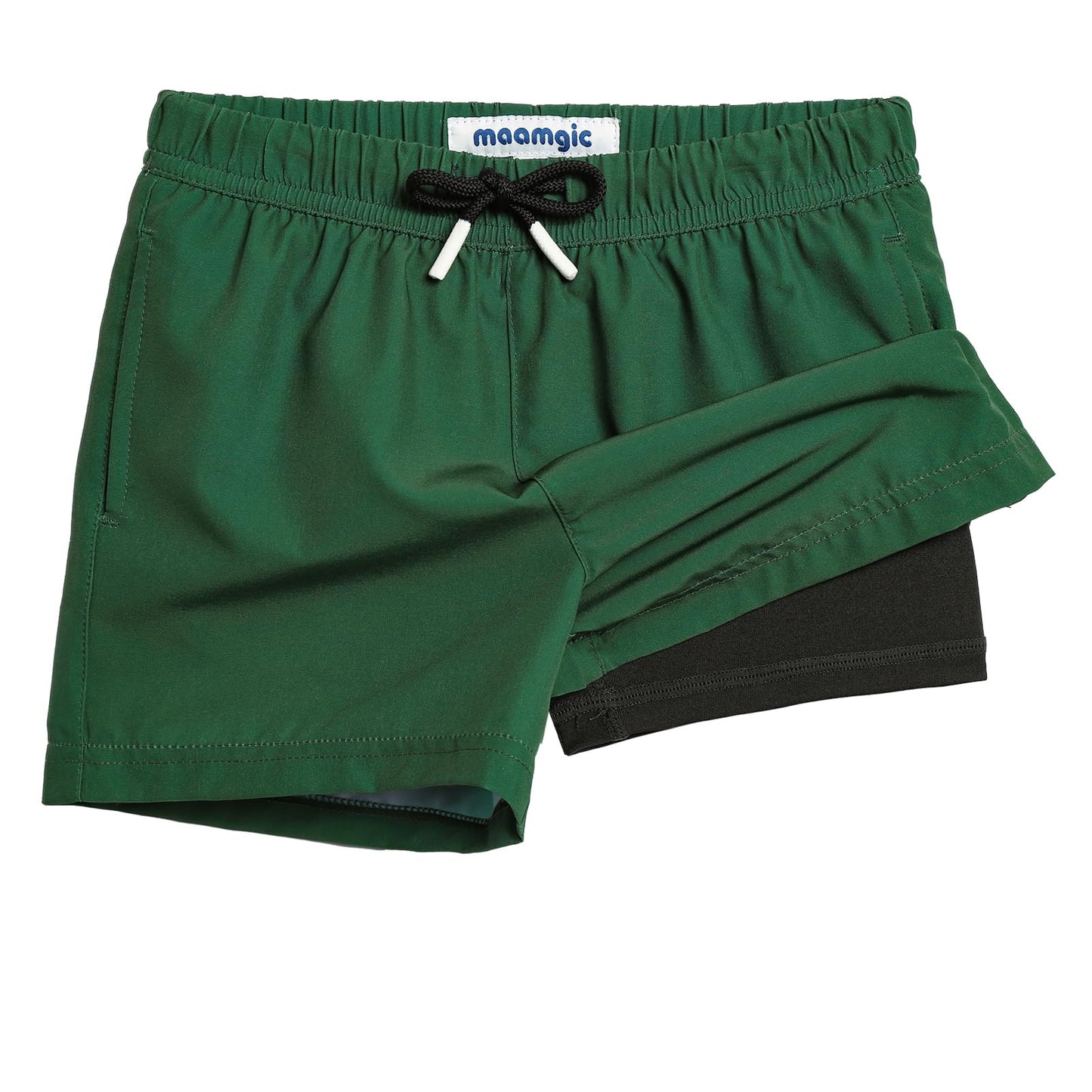 maamgic Boys Swim Trunks with Compression Liner Toddler Stretch Swim Shorts Quick Dry Swimming Trunks Boxer Brief 2 in 1 Beach Shorts Dark Green 10/12