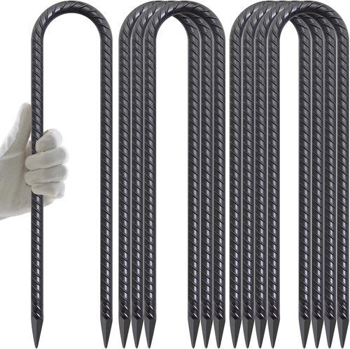 AAGUT Trampoline Stakes - 16 Inch Heavy Duty Tie Down Anchors | Black Coated U-Shaped Ground Rebar (8 Pack)