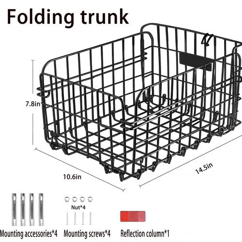 Folding Rear Bike Basket Steel Baskets Quickly Release Rack Cargo Basket with Reflective for Most Mounted Black (Black (Liner))