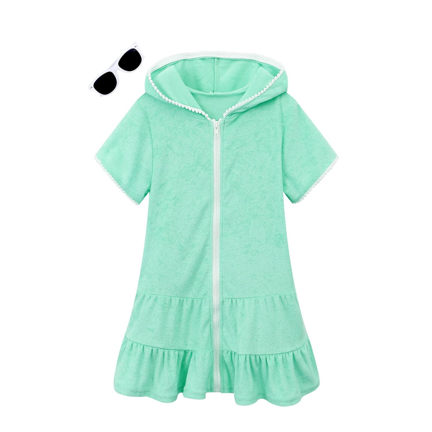 LUCKYGAL Girls Swimsuit Cover Up Zip-Up Swim Coverup Green Terry Beach Bathing Suit Wraps, Size 8 9