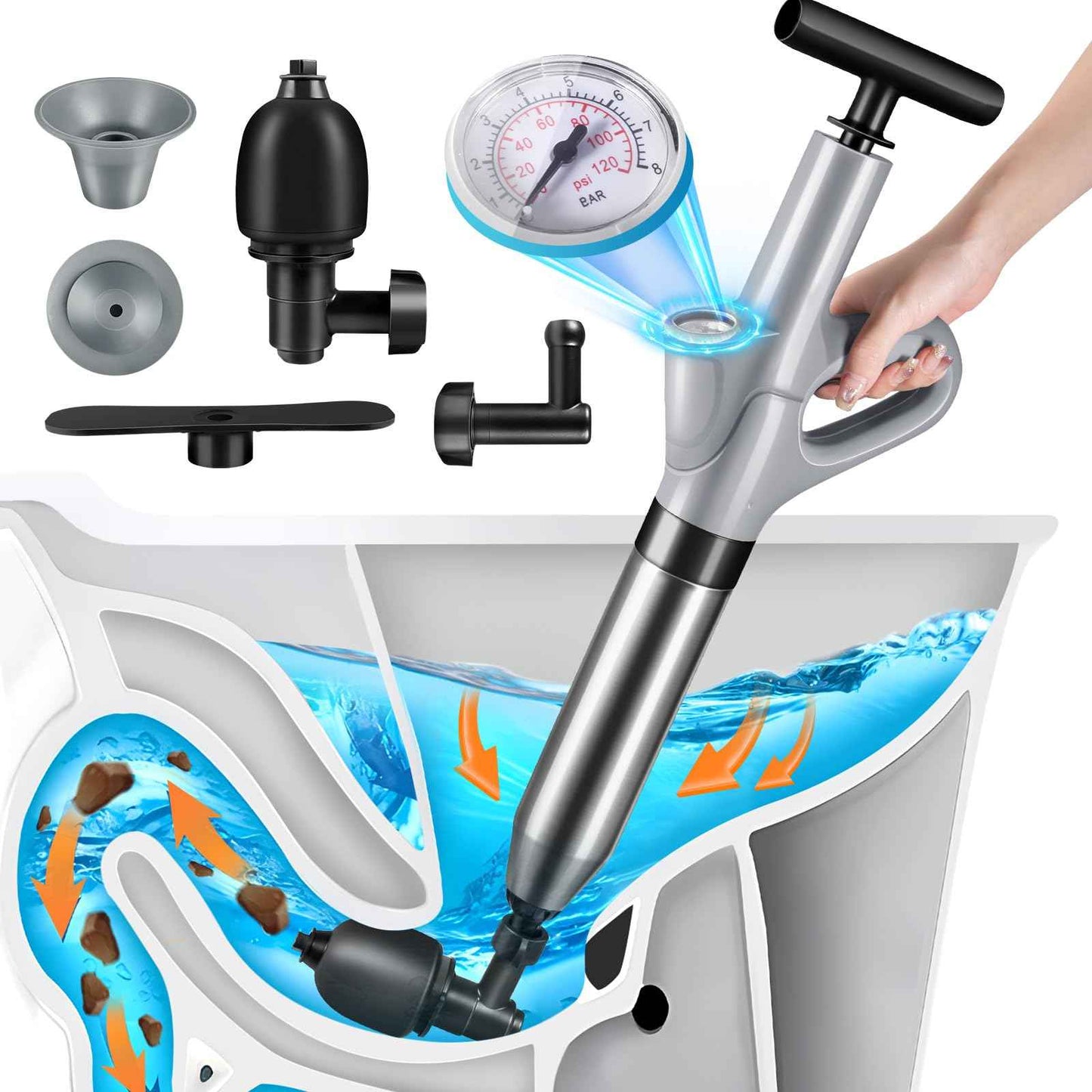 Stainless Steel Toilet Plunger, Air Drain Blaster, Drain Clog Remover Tool, High Pressure Drain Blaster Gun with Visual Barometer, Suitable for Sink, Bathroom, Kitchen, Toilet, Shower, Clogged Pipe
