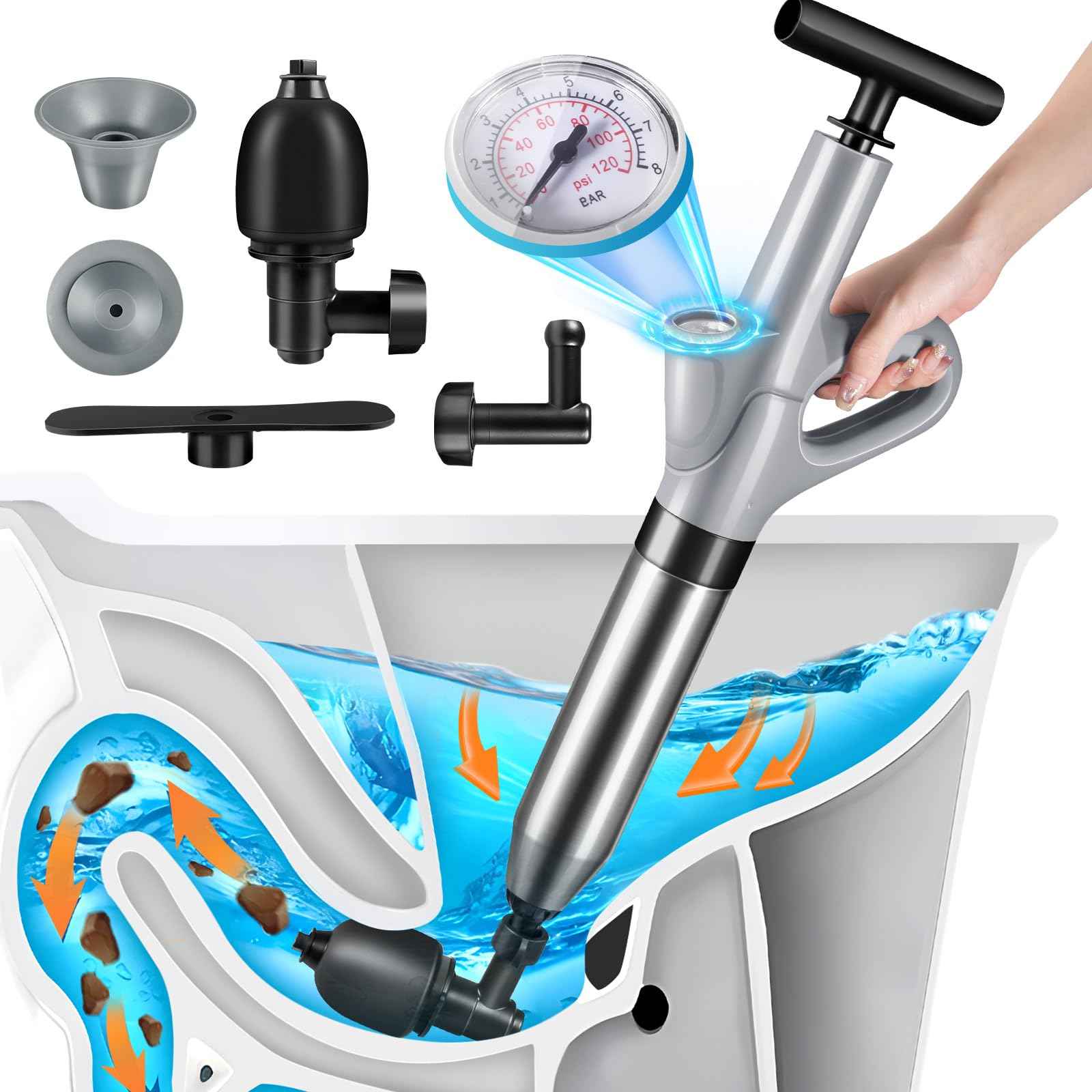 Stainless Steel Toilet Plunger, Air Drain Blaster, Drain Clog Remover Tool, High Pressure Drain Blaster Gun with Visual Barometer, Suitable for Sink, Bathroom, Kitchen, Toilet, Shower, Clogged Pipe