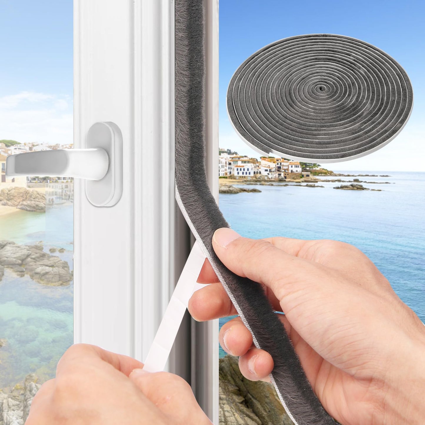 Weather Stripping Door Window Seal, 33Ft Self-Adhesive Brush Door Soundproofing Seal Strip for Sliding Windows and Door Frames, 0.35 Wide X 0.2 Inch Thick, Gray