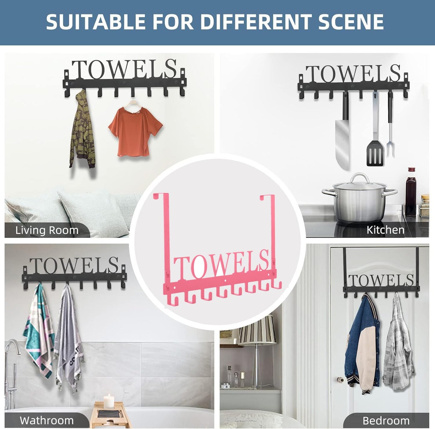 Azmoncy Over The Door Hooks - Wall Mount Towel Hanger with 8 Hooks for Bedroom Bathroom Pool Kitchen Towels, Bag, Coats - Pink