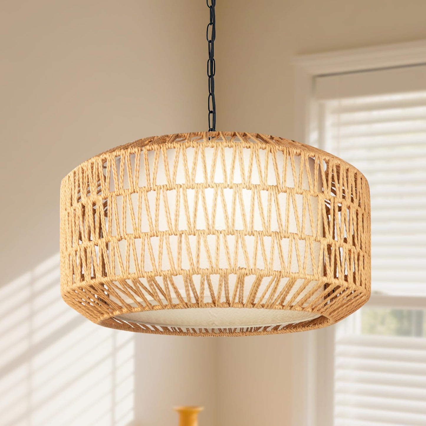 ILVUFORGOOD Boho Rattan Chandelier, 3-Light Farmhouse Pendant Light with Linen Shade, Hand-Woven Ceiling Light Fixture for Dining Room, Bedroom, Kitchen Island, E26 Base (Bulbs Not Included)