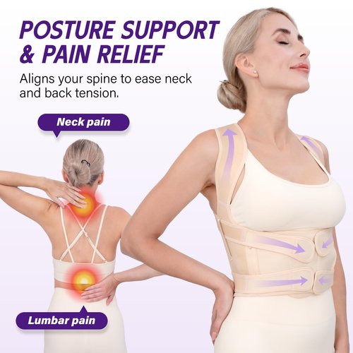 LuxuMach Back Brace Posture Corrector for Women & Men, Adjustable Full Back Support, Shoulder Straightener for Upper & Lower Back Pain Relief-Scoliosis, Hunchback, Waist Trainer (Medium, Beige)